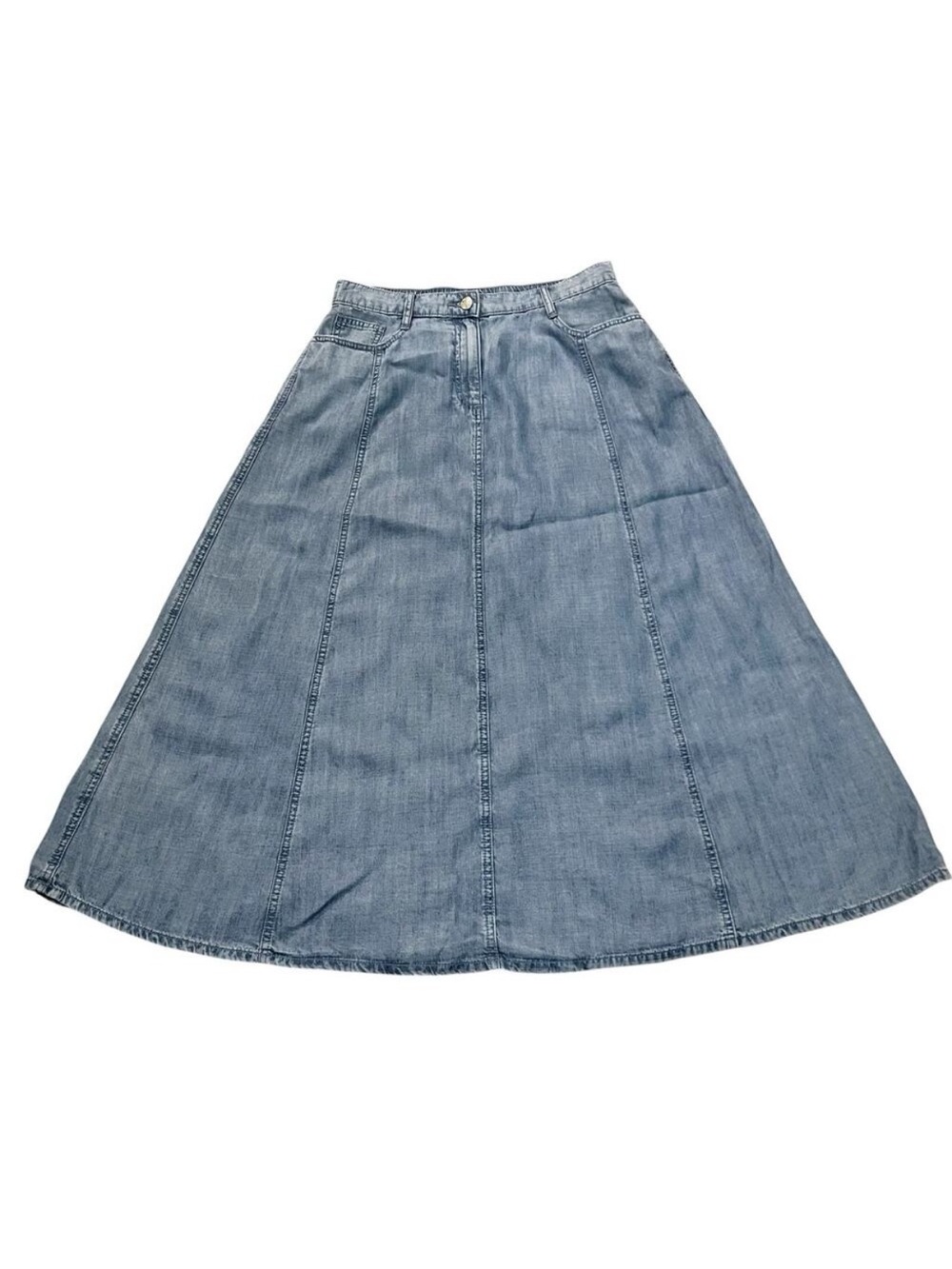 Light Blue Denim Maxi Skirt A Line with Flared Panels Lightweight Chambray Fall - Picture 5 of 11